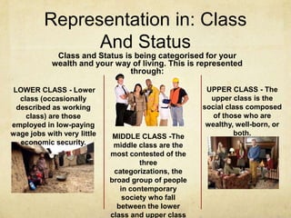 Representation in: Class
And Status
Class and Status is being categorised for your
wealth and your way of living. This is represented
through:
MIDDLE CLASS -The
middle class are the
most contested of the
three
categorizations, the
broad group of people
in contemporary
society who fall
between the lower
class and upper class
UPPER CLASS - The
upper class is the
social class composed
of those who are
wealthy, well-born, or
both.
LOWER CLASS - Lower
class (occasionally
described as working
class) are those
employed in low-paying
wage jobs with very little
economic security.
 
