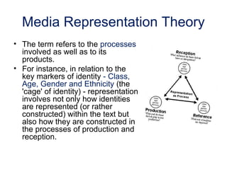 Media Representation Theory
• The term refers to the processes
involved as well as to its
products.
• For instance, in relation to the
key markers of identity - Class,
Age, Gender and Ethnicity (the
'cage' of identity) - representation
involves not only how identities
are represented (or rather
constructed) within the text but
also how they are constructed in
the processes of production and
reception.
 