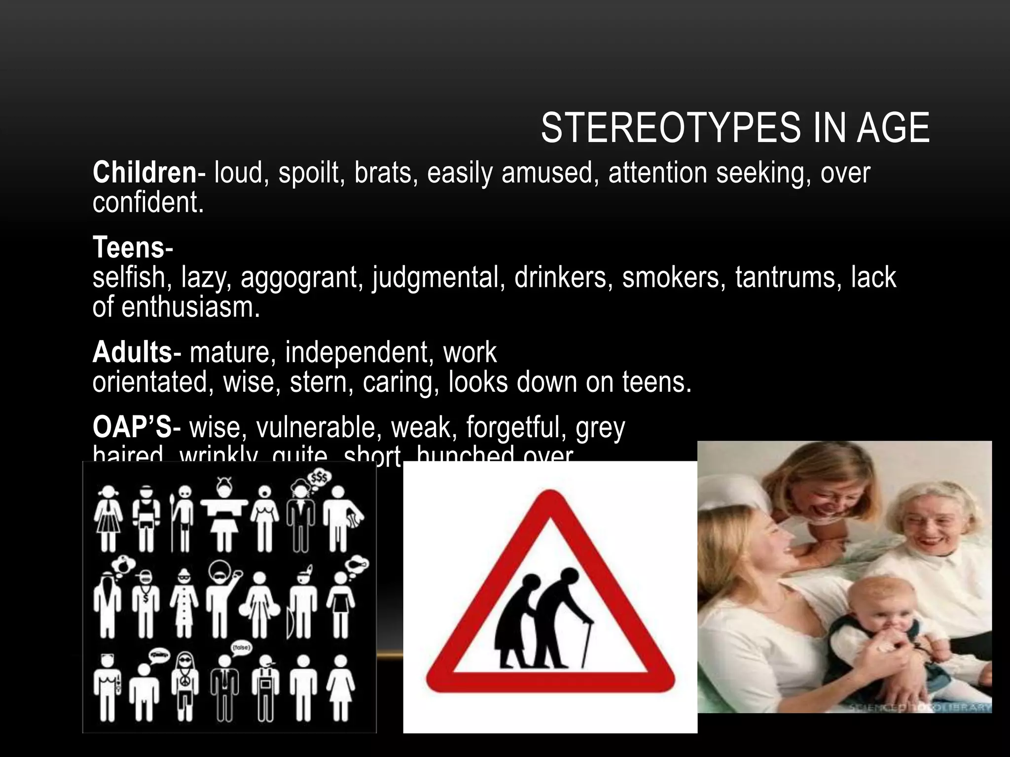 STEREOTYPES IN AGE
Children- loud, spoilt, brats, easily amused, attention seeking, over
confident.
Teens-
selfish, lazy, aggogrant, judgmental, drinkers, smokers, tantrums, lack
of enthusiasm.
Adults- mature, independent, work
orientated, wise, stern, caring, looks down on teens.
OAP’S- wise, vulnerable, weak, forgetful, grey
haired, wrinkly, quite, short, hunched over
 