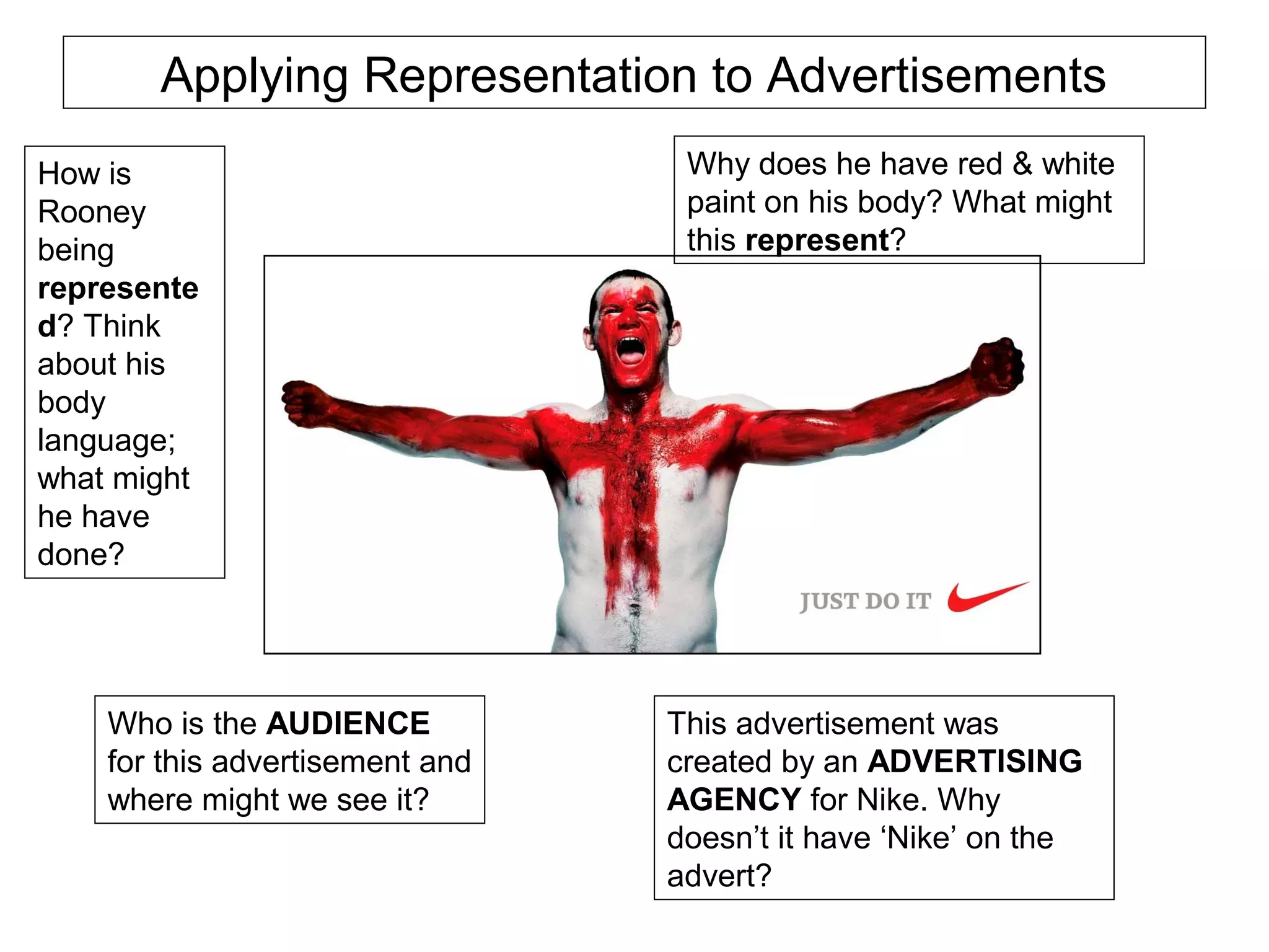 Applying Representation to Advertisements 
How is 
Rooney 
being 
represente 
d? Think 
about his 
body 
language; 
what might 
he have 
done? 
Why does he have red & white 
paint on his body? What might 
this represent? 
Who is the AUDIENCE 
for this advertisement and 
where might we see it? 
This advertisement was 
created by an ADVERTISING 
AGENCY for Nike. Why 
doesn’t it have ‘Nike’ on the 
advert? 
 