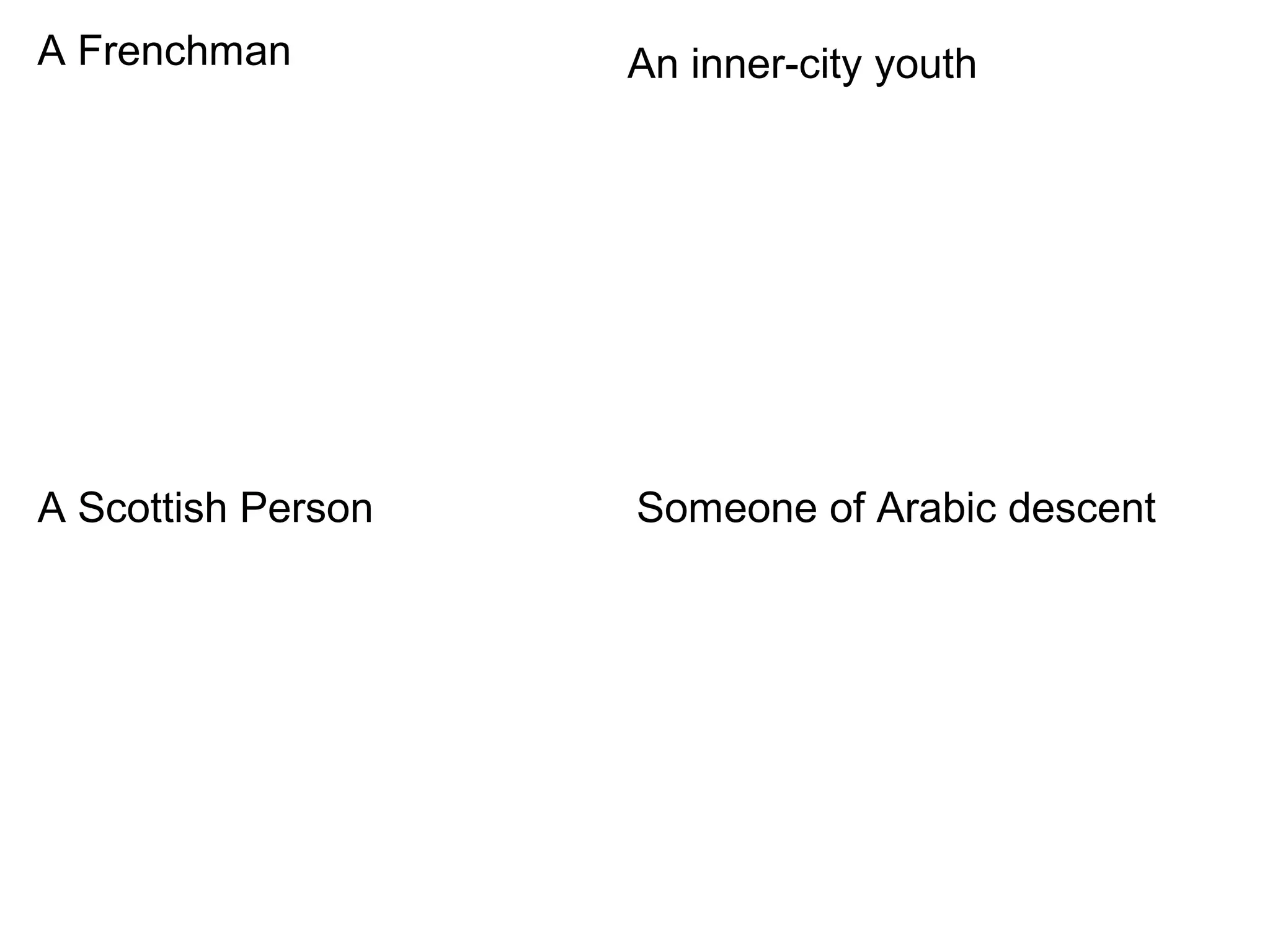 Someone of Arabic descentA Scottish Person
A Frenchman An inner-city youth
 