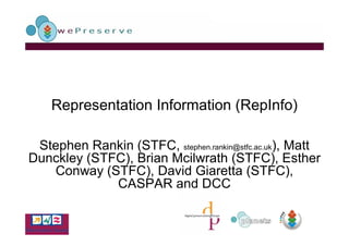 Representation Information (RepInfo)

 Stephen Rankin (STFC, stephen.rankin@stfc.ac.uk), Matt
Dunckley (STFC), Brian Mcilwrath (STFC), Esther
   Conway (STFC), David Giaretta (STFC),
             CASPAR and DCC
 
