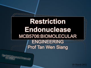 Restriction
  Endonuclease
MCB5706:BIOMOLECULAR
     ENGINEERING
   Prof Tan Wen Siang
 