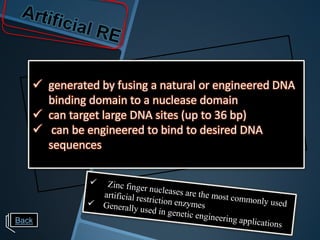  generated by fusing a natural or engineered DNA
     binding domain to a nuclease domain
    can target large DNA sites (up to 36 bp)
    can be engineered to bind to desired DNA
     sequences




Back
 