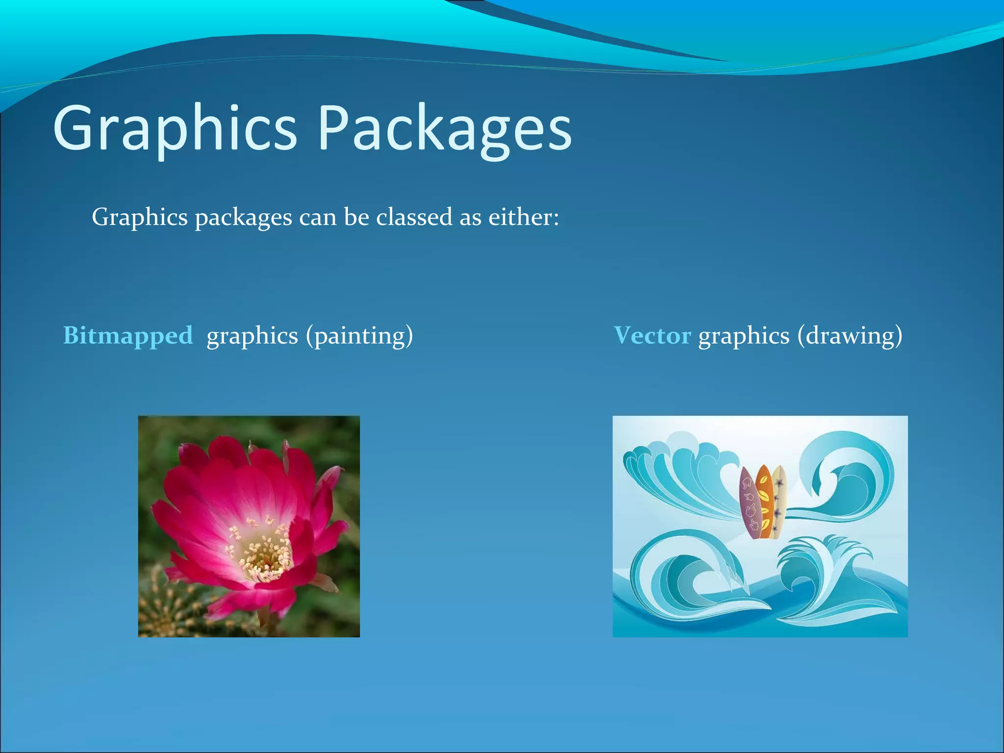 Graphics Packages Graphics packages can be classed as either: Bitmapped   graphics (painting) Vector  graphics (drawing) 