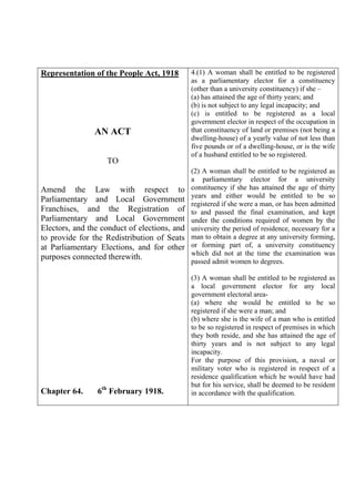 Representation of the People Act, 1918        4.(1) A woman shall be entitled to be registered
                                              as a parliamentary elector for a constituency
                                              (other than a university constituency) if she –
                                              (a) has attained the age of thirty years; and
                                              (b) is not subject to any legal incapacity; and
                                              (c) is entitled to be registered as a local
                                              government elector in respect of the occupation in
                AN ACT                        that constituency of land or premises (not being a
                                              dwelling-house) of a yearly value of not less than
                                              five pounds or of a dwelling-house, or is the wife
                                              of a husband entitled to be so registered.
                   TO
                                              (2) A woman shall be entitled to be registered as
                                              a parliamentary elector for a university
Amend the Law with respect to                 constituency if she has attained the age of thirty
                                              years and either would be entitled to be so
Parliamentary and Local Government
                                              registered if she were a man, or has been admitted
Franchises, and the Registration of           to and passed the final examination, and kept
Parliamentary and Local Government            under the conditions required of women by the
Electors, and the conduct of elections, and   university the period of residence, necessary for a
to provide for the Redistribution of Seats    man to obtain a degree at any university forming,
at Parliamentary Elections, and for other     or forming part of, a university constituency
                                              which did not at the time the examination was
purposes connected therewith.
                                              passed admit women to degrees.

                                              (3) A woman shall be entitled to be registered as
                                              a local government elector for any local
                                              government electoral area-
                                              (a) where she would be entitled to be so
                                              registered if she were a man; and
                                              (b) where she is the wife of a man who is entitled
                                              to be so registered in respect of premises in which
                                              they both reside, and she has attained the age of
                                              thirty years and is not subject to any legal
                                              incapacity.
                                              For the purpose of this provision, a naval or
                                              military voter who is registered in respect of a
                                              residence qualification which he would have had
                                              but for his service, shall be deemed to be resident
Chapter 64.     6th February 1918.            in accordance with the qualification.
 