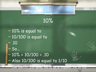 10% 10% is equal to 10/100 is equal to  .10 So… 10% = 10/100 = .10 Also 10/100 is equal to 1/10 So both .10 and 10% are equal to 1/10 