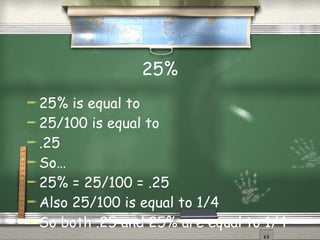 25% 25% is equal to 25/100 is equal to  .25  So… 25% = 25/100 = .25 Also 25/100 is equal to 1/4 So both .25 and 25% are equal to 1/4 