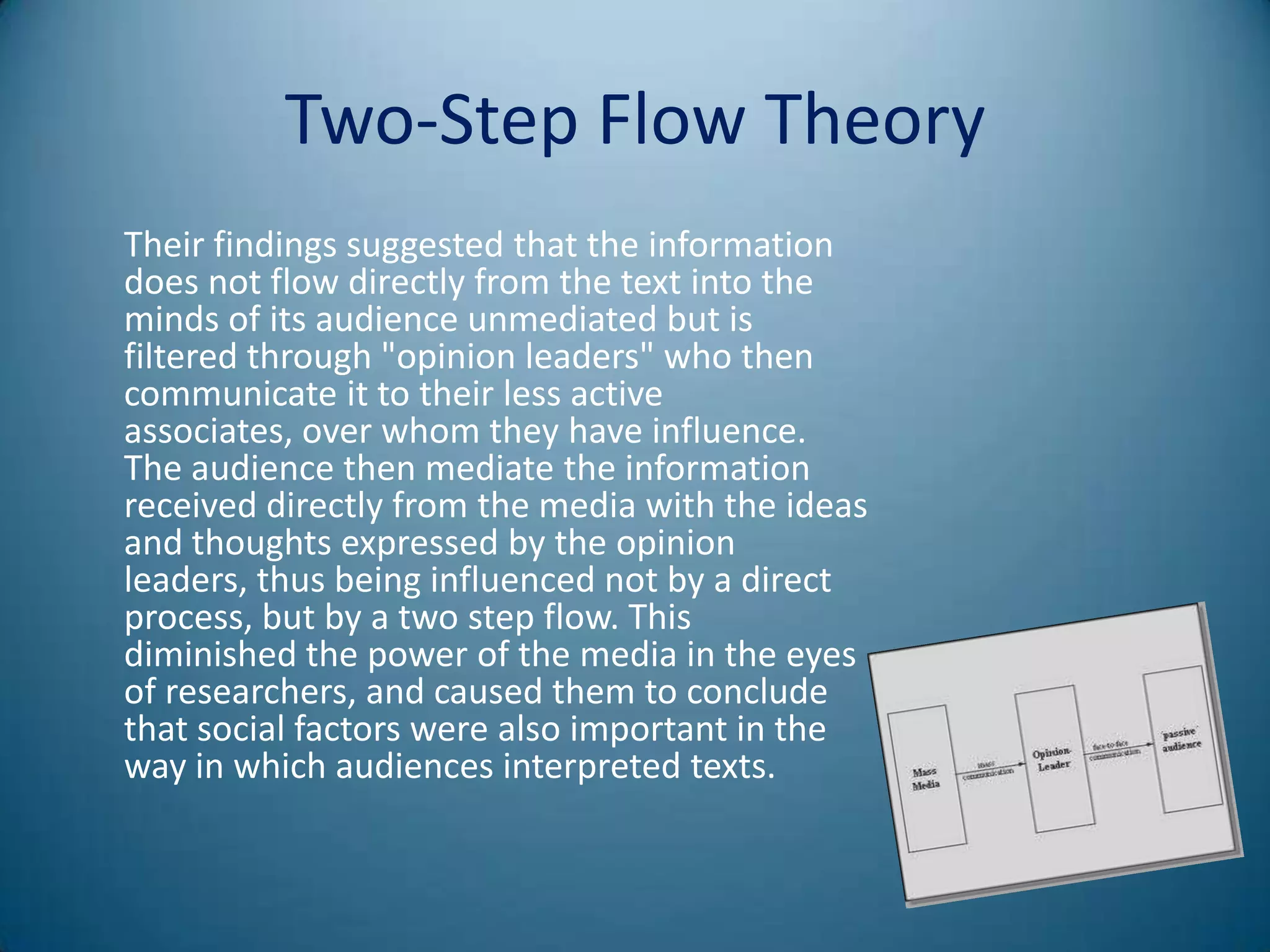 Two-Step Flow Theory
Their findings suggested that the information
does not flow directly from the text into the
minds of its audience unmediated but is
filtered through "opinion leaders" who then
communicate it to their less active
associates, over whom they have influence.
The audience then mediate the information
received directly from the media with the ideas
and thoughts expressed by the opinion
leaders, thus being influenced not by a direct
process, but by a two step flow. This
diminished the power of the media in the eyes
of researchers, and caused them to conclude
that social factors were also important in the
way in which audiences interpreted texts.
 