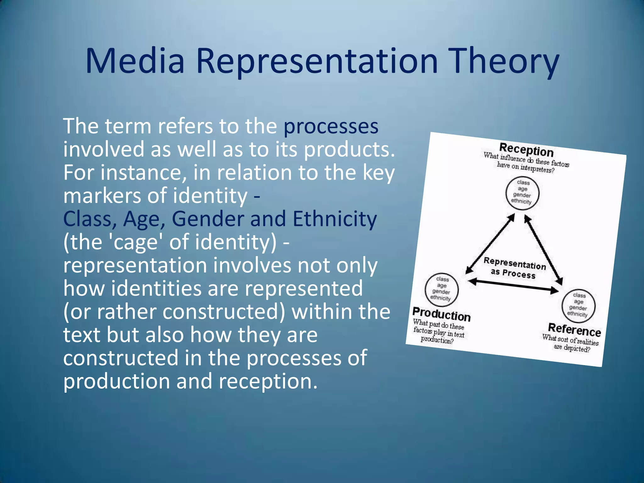 Media Representation Theory
The term refers to the processes
involved as well as to its products.
For instance, in relation to the key
markers of identity -
Class, Age, Gender and Ethnicity
(the 'cage' of identity) -
representation involves not only
how identities are represented
(or rather constructed) within the
text but also how they are
constructed in the processes of
production and reception.
 