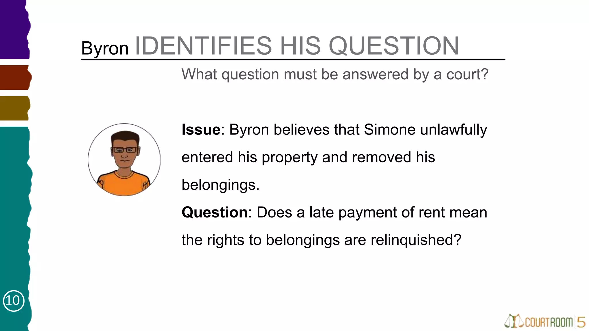 Issue: Byron believes that Simone unlawfully
entered his property and removed his
belongings.
Question: Does a late payment of rent mean
the rights to belongings are relinquished?
Byron IDENTIFIES HIS QUESTION
What question must be answered by a court?
10
 