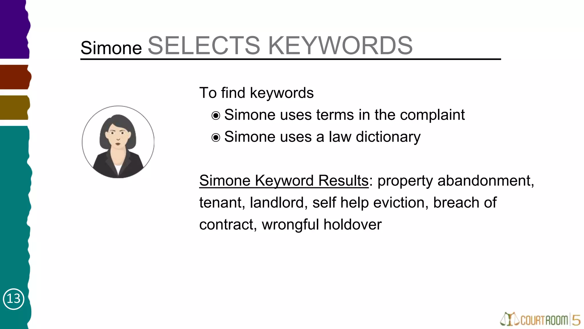 Simone SELECTS KEYWORDS
➤ To find keywords
๏Simone uses terms in the complaint
๏Simone uses a law dictionary
Simone Keyword Results: property abandonment,
tenant, landlord, self help eviction, breach of
contract, wrongful holdover
13
 