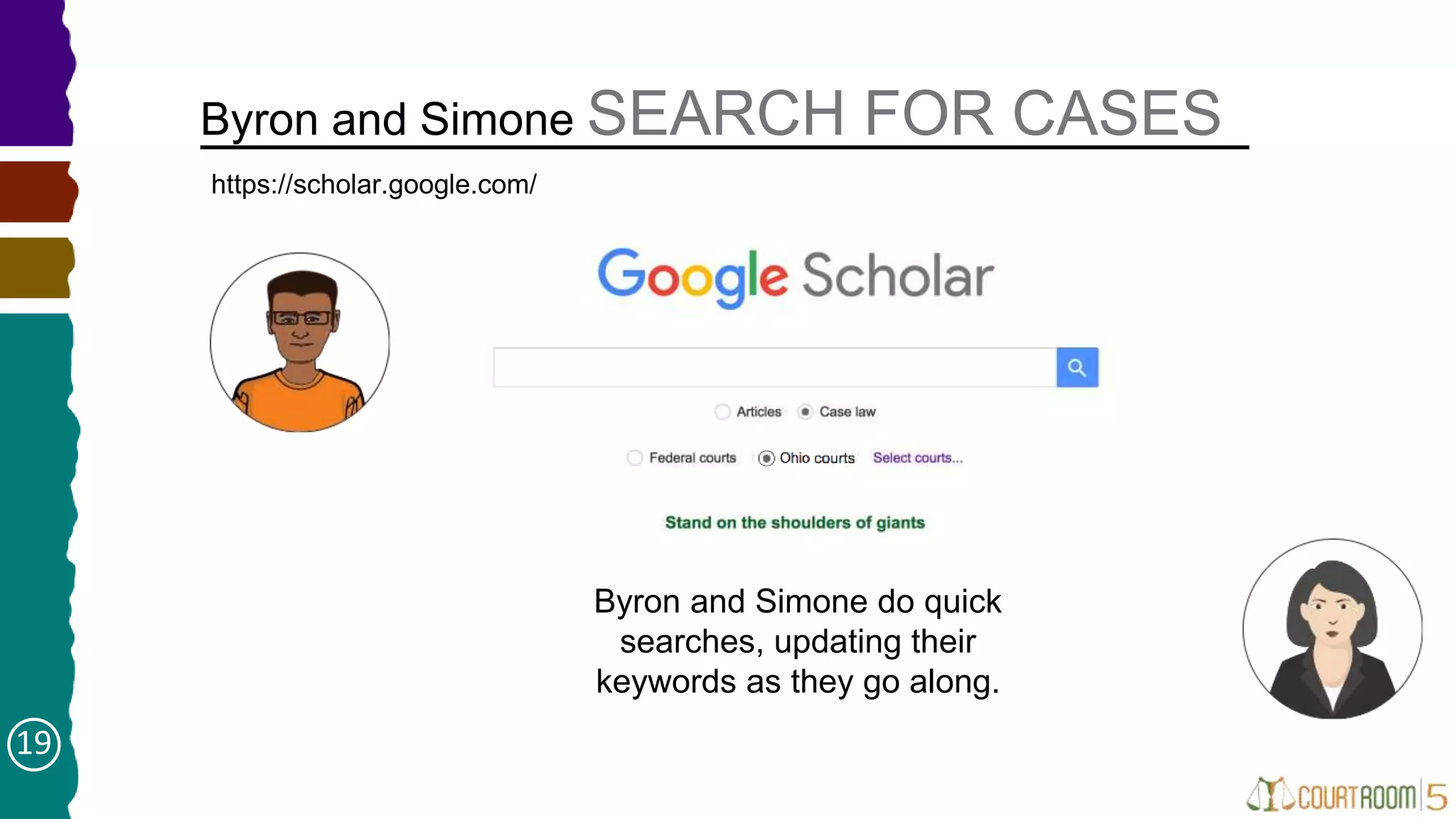 Byron and Simone SEARCH FOR CASES
➤
Byron and Simone do quick
searches, updating their
keywords as they go along.
19
https://scholar.google.com/
 