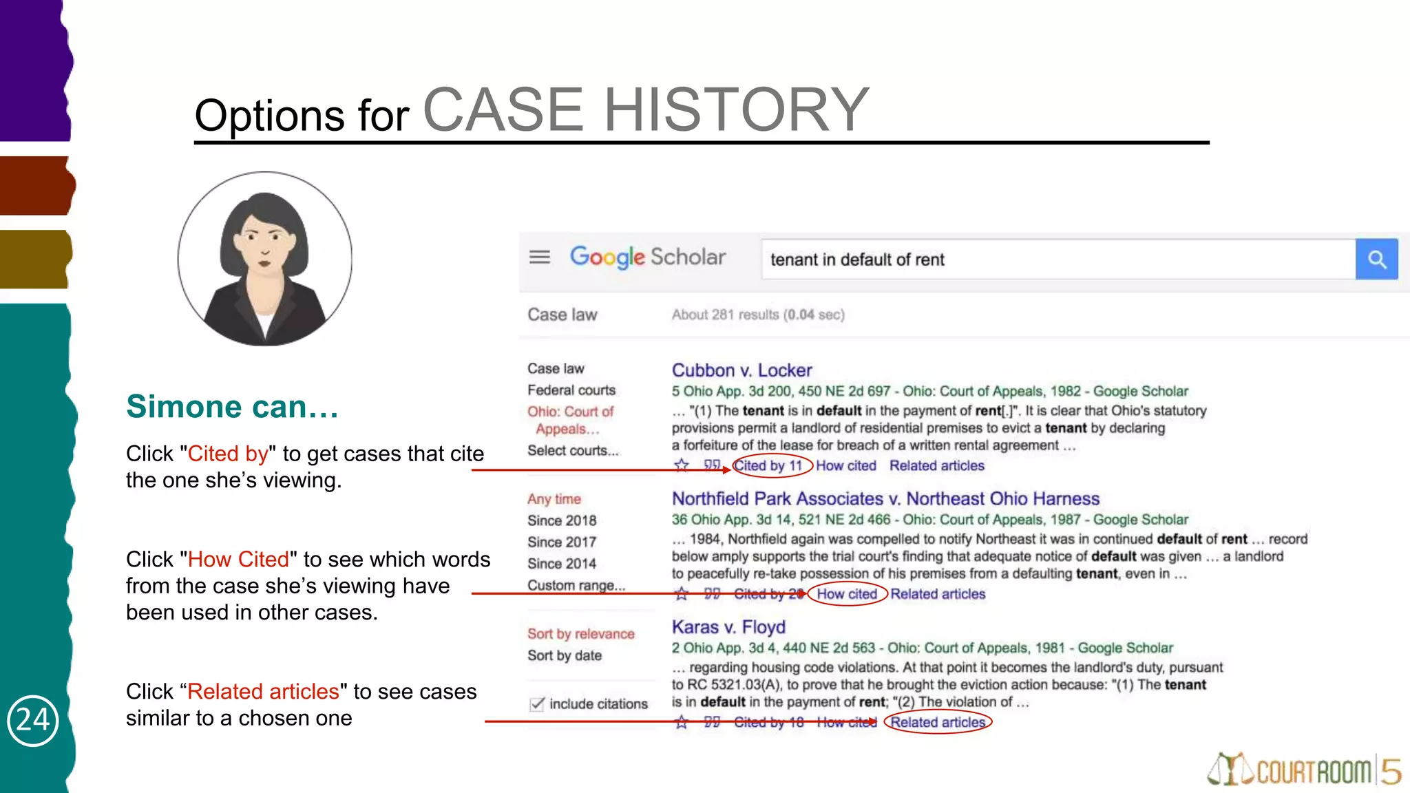Options for CASE HISTORY
Simone can…
Click "Cited by" to get cases that cite
the one she’s viewing.
Click "How Cited" to see which words
from the case she’s viewing have
been used in other cases.
Click “Related articles" to see cases
similar to a chosen one24
 