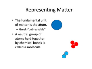 Representing Matter The fundamental unit of matter is the atom. Greek-”unbreakable” A neutral group of atoms held together by chemical bonds is called a molecule 