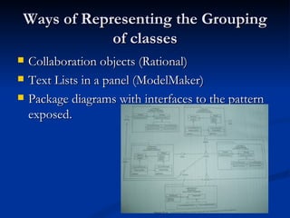 Ways of Representing the Grouping of classes Collaboration objects (Rational) Text Lists in a panel (ModelMaker) Package diagrams with interfaces to the pattern exposed.  