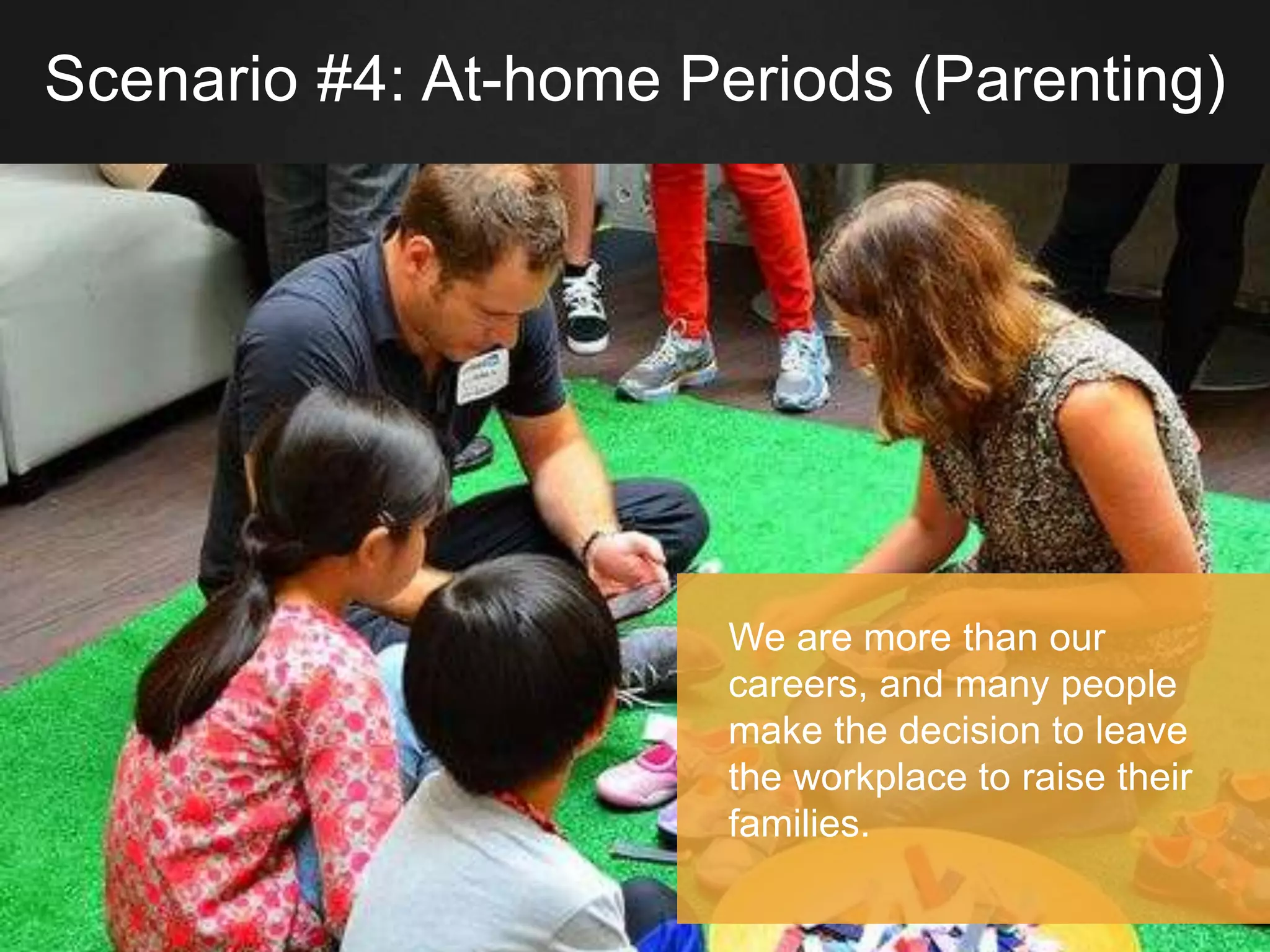 Scenario #4: At-home Periods (Parenting)
We are more than our
careers, and many people
make the decision to leave
the workplace to raise their
families.
 
