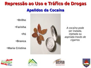 Repressão ao Uso e Tráfico de Drogas
                   Apelidos da Cocaína

          Brilho
          ➔




      ➔Farinha                            A cocaína pode
                                            ser inalada,
              Pó
              ➔                             injetada ou
                                         aspirada través de
      ➔   Branca                              cigarros.


➔Maria Cristina
 