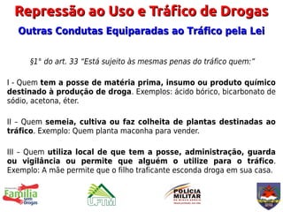 Repressão ao Uso e Tráfico de Drogas
  Outras Condutas Equiparadas ao Tráfico pela Lei


      §1° do art. 33 “Está sujeito às mesmas penas do tráfico quem:”

I - Quem tem a posse de matéria prima, insumo ou produto químico
destinado à produção de droga. Exemplos: ácido bórico, bicarbonato de
sódio, acetona, éter.

II – Quem semeia, cultiva ou faz colheita de plantas destinadas ao
tráfico. Exemplo: Quem planta maconha para vender.

III – Quem utiliza local de que tem a posse, administração, guarda
ou vigilância ou permite que alguém o utilize para o tráfico.
Exemplo: A mãe permite que o filho traficante esconda droga em sua casa.
 