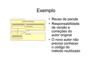Exemplo

                  meu.pacote.trataarquivos
                                                        • Reuso de pacote
ArquivoParaDownload       DocumentosParaArquivoamento   • Responsabilidade
                          +List arquivos
                                                          de versão e
                                                          correções do
                        java.util.zip
ZipOutputStream                                           autor original
                                                        • O novo autor não
                                                          precisa conhecer
                                                          o código do
                                                          método reutilizado
 