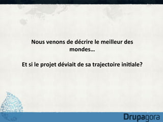 Nous	
  venons	
  de	
  décrire	
  le	
  meilleur	
  des	
  
mondes…	
  
	
  
Et	
  si	
  le	
  projet	
  déviait	
  de	
  sa	
  trajectoire	
  ini1ale?	
  

 