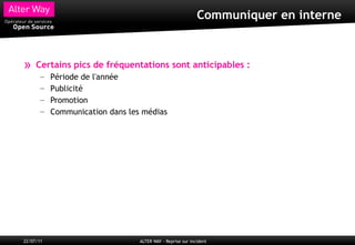 Communiquer en interne



»    Certains pics de fréquentations sont anticipables :
       –   Période de l'année
       –   Publicité
       –   Promotion
       –   Communication dans les médias




22/07/11                         ALTER WAY - Reprise sur incident
 