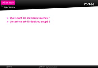 Portée



»    Quels sont les éléments touchés ?
»    Le service est-il réduit ou coupé ?




22/07/11                      ALTER WAY - Reprise sur incident
 