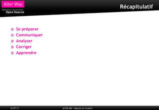 Récapitulatif



»    Se préparer
»    Communiquer
»    Analyser
»    Corriger
»    Apprendre




22/07/11           ALTER WAY - Reprise sur incident
 