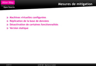 Mesures de mitigation



»    Machines virtuelles configurées
»    Réplication de la base de données
»    Désactivation de certaines fonctionnalités
»    Version statique




22/07/11                     ALTER WAY - Reprise sur incident
 