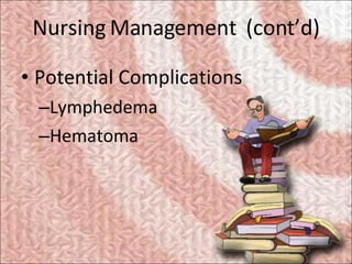 Nursing Management  (cont’d) <ul><li>Potential Complications </li></ul><ul><ul><li>Lymphedema </li></ul></ul><ul><ul><li>H...