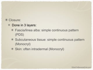 IWantToBecomeAVet.com
Closure:
Done in 3 layers:
Fascia/linea alba: simple continuous pattern
(PDS)
Subcutaneous tissue: simple continuous pattern
(Monocryl)
Skin: often intradermal (Monocryl)
 