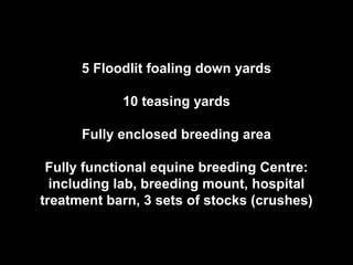 5 Floodlit foaling down yards

            10 teasing yards

      Fully enclosed breeding area

 Fully functional equine breeding Centre:
  including lab, breeding mount, hospital
treatment barn, 3 sets of stocks (crushes)
 
