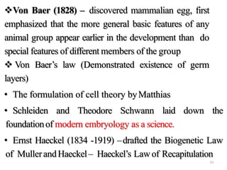 Von Baer (1828) – discovered mammalian egg, first
emphasized that the more general basic features of any
animal group appear earlier in the development than do
special features of different members of the group
 Von Baer’s law (Demonstrated existence of germ
layers)
• The formulation of cell theory byMatthias
• Schleiden and Theodore Schwann laid down the
foundationof modern embryology as a science.
• Ernst Haeckel (1834 -1919) –drafted the Biogenetic Law
of MullerandHaeckel– Haeckel’s Lawof Recapitulation
10
 