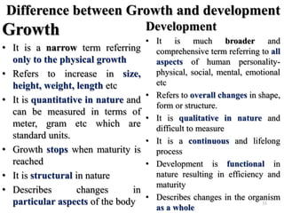 Difference between Growth and development
Growth
• It is a narrow term referring
only to the physical growth
• Refers to increase in size,
height, weight, length etc
• It is quantitative in nature and
can be measured in terms of
meter, gram etc which are
standard units.
• Growth stops when maturity is
reached
• It is structural in nature
• Describes changes in
particular aspects of the body
Development
• It is much broader and
comprehensive term referring to all
aspects of human personality-
physical, social, mental, emotional
etc
• Refers to overall changes in shape,
form or structure.
• It is qualitative in nature and
difficult to measure
• It is a continuous and lifelong
process
• Development is functional in
nature resulting in efficiency and
maturity
• Describes changes in the organism
as a whole
33
 