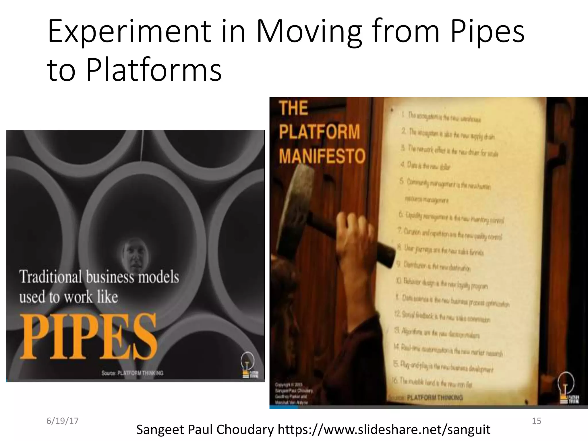 Experiment in Moving from Pipes
to Platforms
Sangeet Paul Choudary https://www.slideshare.net/sanguit
6/19/17 15
 