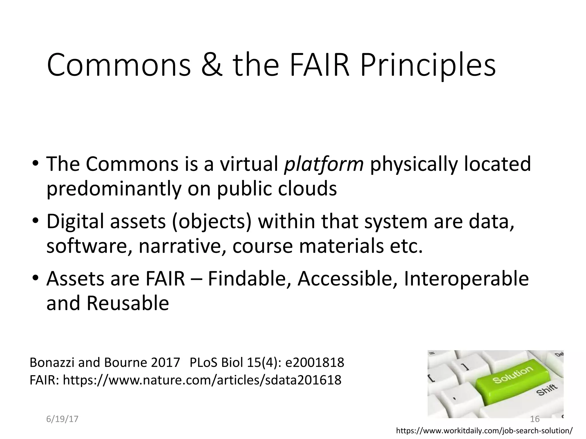Commons & the FAIR Principles
• The Commons is a virtual platform physically located
predominantly on public clouds
• Digital assets (objects) within that system are data,
software, narrative, course materials etc.
• Assets are FAIR – Findable, Accessible, Interoperable
and Reusable
https://www.workitdaily.com/job-search-solution/
Bonazzi and Bourne 2017
FAIR: https://www.nature.com/articles/sdata201618
PLoS Biol 15(4): e2001818
6/19/17 16
 