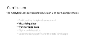 The Analytics Labs curriculum focuses on 2 of our 5 competencies:
• Participating in agile development
• Visualising data
• Transforming data
• Digital collaboration
• Understanding policy and the data landscape
Curriculum
 