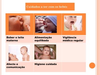 Cuidados a ter com os bebés Beber o leite materno Alimentação equilibada Vigilância médica regular Afecto e comunicação Higiene cuidada 