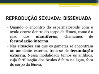 REPRODUÇÃO SEXUADA: BISSEXUADA
• Quando o encontro do espermatozoide com o
óvulo ocorre dentro do corpo da fêmea, como é o
caso dos mamíferos, chamamos de
fecundação interna.
• Nas situações em que os gametas se encontram
no ambiente externo, trata-se de fecundação
externa. Nessa modalidade temos os anfibios,
cuja fertilização dos óvulos é feita na água, fora
do corpo da fêmea.
 