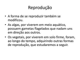 Reprodução
• A forma de se reproduzir também se
  modificou.
• As algas, por viverem em meio aquático,
  possuem gametas flagelados que nadam uns
  em direção aos outros.
• Os vegetais, por viverem em solo firme, foram,
  ao longo do tempo, adquirindo outras formas
  de reprodução, que estudaremos a seguir.
 
