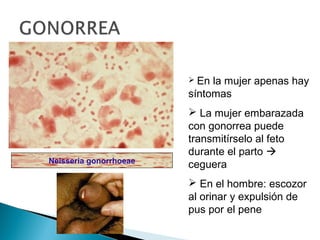  En

la mujer apenas hay
síntomas

Neisseria gonorrhoeae

 La mujer embarazada
con gonorrea puede
transmitírselo al feto
durante el parto 
ceguera
 En el hombre: escozor
al orinar y expulsión de
pus por el pene

 