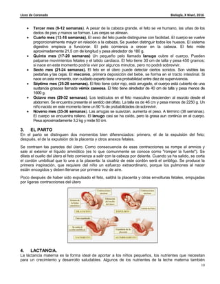 Liceo de Coronado
• Tercer mes (9-12 semanas
dedos de pies y manos se forman. Las orejas se alinean.
• Cuarto mes (13-16 semanas).
proporcionalmente mayor en relación a la cabeza. Se pued
digestivo empieza a funcionar. El pelo comienza a
aproximadamente 21,5 cm de longitud y pesa alrededor de 180 g.
• Quinto mes (17-20 semanas)
palparse movimientos fetales y el latido cardiaco. El feto tiene 30 cm de talla y pesa 450 gramos;
si nace en este momento podría vivir por algun
• Sexto mes (21-24 semanas).
pestañas y las cejas. El meconio
nace en este momento, con cuidado experto tiene una probabilidad entre diez de supervi
• Séptimo mes (25-28 semanas).
sustancia grasosa llamada vémix caseosa
1600 g.
• Octavo mes (29-32 semanas)
abdomen. Se encuentra presente el sentido del olfato. La
niño nacido en este momento tiene un 90 % de probabilidades de sobrevivir.
• Noveno mes (33-36 semanas
El cuerpo se encuentra relleno. El
Pesa aproximadamente 3,2 kg y mide 50
3. EL PARTO
En el parto se distinguen dos momentos bien diferenciados: primero, el de la expulsión del feto;
después, el de la expulsión de la placenta y otros anexos fetales.
Se contraen las paredes del útero. Como consecuencia de esas contracciones se rompe el amnios y
sale al exterior el líquido amniótico (es lo que comunmente se conoce como "romper la fuente"). Se
dilata el cuello del útero el feto comienza a salir con la cabeza por delante. Cuando ya ha salido, se corta
el cordón umbilical que lo une a la placenta: la cicatriz
primera inspiración, que requiere del niño un esfuerzo extraordinario, porque los pulmones al nacer
están encogidos y deben llenarse por primera vez de aire.
Poco después de haber sido expulsado el feto,
por ligeras contracciones del útero
4. LACTANCIA.
La lactancia materna es la forma ideal de aportar a los
para un crecimiento y desarrollo saludables.
12 semanas). A pesar de la cabeza grande, el feto se ve humano,
dedos de pies y manos se forman. Las orejas se alinean.
16 semanas). El sexo del feto puede distinguirse con facilidad. El
proporcionalmente mayor en relación a la cabeza. Se pueden distinguir todos los huesos. El sistema
funcionar. El pelo comienza a crecer en la cabeza. El feto mide
aproximadamente 21,5 cm de longitud y pesa alrededor de 180 g.
20 semanas) Un pequeño pelo llamado lanugo cubre el cuerpo. Pueden
palparse movimientos fetales y el latido cardiaco. El feto tiene 30 cm de talla y pesa 450 gramos;
si nace en este momento podría vivir por algunos minutos, pero no podrá sobre
24 semanas). El feto en el útero puede detectar ciertos sonidos.
meconio, primera deposición del bebé, se forma en el tracto intestinal.
nace en este momento, con cuidado experto tiene una probabilidad entre diez de supervi
28 semanas). El feto tiene color rojo, está arrugado, el cuerpo
vémix caseosa. El feto tiene alrededor de 40 cm de talla y pesa menos de
32 semanas). Los testículos en el feto masculino descienden al
abdomen. Se encuentra presente el sentido del olfato. La talla es de 46 cm y pesa menos de 2250 g. Un
niño nacido en este momento tiene un 90 % de probabilidades de sobrevivir.
36 semanas). Las arrugas se suavizan, aumenta el peso. A término (38 semanas).
El cuerpo se encuentra relleno. El lanugo casi se ha caído, pero la grasa aun continú
Pesa aproximadamente 3,2 kg y mide 50 cm.
distinguen dos momentos bien diferenciados: primero, el de la expulsión del feto;
después, el de la expulsión de la placenta y otros anexos fetales.
Se contraen las paredes del útero. Como consecuencia de esas contracciones se rompe el amnios y
terior el líquido amniótico (es lo que comunmente se conoce como "romper la fuente"). Se
dilata el cuello del útero el feto comienza a salir con la cabeza por delante. Cuando ya ha salido, se corta
el cordón umbilical que lo une a la placenta: la cicatriz de este cordón será el ombligo. Se produce la
primera inspiración, que requiere del niño un esfuerzo extraordinario, porque los pulmones al nacer
están encogidos y deben llenarse por primera vez de aire.
Poco después de haber sido expulsado el feto, saldrá la placenta y otras envolturas fetales, empujadas
la forma ideal de aportar a los niños pequeños, los nutrientes que necesitan
para un crecimiento y desarrollo saludables. Algunos de los nutrientes de la leche materna también
Biología, X Nivel, 2016
10
rande, el feto se ve humano, las uñas de los
El sexo del feto puede distinguirse con facilidad. El cuerpo se vuelve
en distinguir todos los huesos. El sistema
crecer en la cabeza. El feto mide
cubre el cuerpo. Pueden
palparse movimientos fetales y el latido cardiaco. El feto tiene 30 cm de talla y pesa 450 gramos;
os minutos, pero no podrá sobrevivir.
El feto en el útero puede detectar ciertos sonidos. Son visibles las
, primera deposición del bebé, se forma en el tracto intestinal. Si
nace en este momento, con cuidado experto tiene una probabilidad entre diez de supervivencia.
El feto tiene color rojo, está arrugado, el cuerpo está cubierto de una
cm de talla y pesa menos de
. Los testículos en el feto masculino descienden al escroto desde el
talla es de 46 cm y pesa menos de 2250 g. Un
). Las arrugas se suavizan, aumenta el peso. A término (38 semanas).
grasa aun continúa en el cuerpo.
distinguen dos momentos bien diferenciados: primero, el de la expulsión del feto;
Se contraen las paredes del útero. Como consecuencia de esas contracciones se rompe el amnios y
terior el líquido amniótico (es lo que comunmente se conoce como "romper la fuente"). Se
dilata el cuello del útero el feto comienza a salir con la cabeza por delante. Cuando ya ha salido, se corta
de este cordón será el ombligo. Se produce la
primera inspiración, que requiere del niño un esfuerzo extraordinario, porque los pulmones al nacer
saldrá la placenta y otras envolturas fetales, empujadas
los nutrientes que necesitan
gunos de los nutrientes de la leche materna también
 