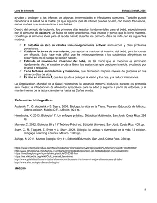 Liceo de Coronado Biología, X Nivel, 2016
11
ayudan a proteger a los infantes de algunas enfermedades e infecciones comunes. También puede
beneficiar a la salud de la madre, ya que algunos tipos de cáncer pueden ocurrir, con menos frecuencia,
en las madres que amamantaron a sus bebés.
Dentro del periodo de lactancia, los primeros días resultan fundamentales para el bebé, especialmente
por el consumo de calostro, un fluido de color amarillento, más viscoso y denso que la leche materna.
Constituye el alimento ideal para el recién nacido durante los primeros días de vida por los siguientes
motivos:
El calostro es rico en células inmunológicamente activas: anticuerpos y otras proteínas
protectoras.
Contiene factores de crecimiento, que ayudan a madurar el intestino del bebé, para funcionar
con eficacia. Esto hace más difícil que los microorganismos y las sustancias alergénicas se
desarrollen en el cuerpo del recién nacido.
Estimula el movimiento intestinal del bebé, de tal modo que el meconio es eliminado
rápidamente. Así, el calostro ayuda a liberar las sustancias que producen ictericia, ayudando por
lo tanto a reducirla.
Tiene factores estimulantes y hormonas, que favorecen mejores niveles de glucemia en los
primeros días de vida.
Es rico en vitamina A, que les ayuda a proteger la visión y los ojos, y a reducir infecciones.
La Organización Mundial de la Salud recomienda la lactancia materna exclusiva durante los primeros
seis meses; la introducción de alimentos apropiados para la edad y seguros a partir de entonces, y el
mantenimiento de la lactancia materna hasta los 2 años o más.
Referencias bibliográficas
Audesirk, T., G. Audesirk y B. Byers. 2008. Biología; la vida en la Tierra. Pearson Educación de México.
Octava edición. México D.F., México. 924 pp.
Hernández, K. 2013. Biología 11°. Un enfoque prácti co. Didáctica Multimedia. San José, Costa Rica. 298
pp.
Marrero, C. 2012. Biología 10°y 11°Teórico-Prácti co. Editorial Universo. San José, Costa Rica. 400 pp.
Starr, C., R. Taggart, E. Evers y L. Starr. 2009. Biología: la unidad y diversidad de la vida. 12 edición.
Cengage Learning Editores. México. 1003 pp.
Zúñiga, N. 2011. Mundo Biología 10 y 11. Editorial Eduvisión. San José, Costa Rica. 368 pp.
https://www.infermeravirtual.com/files/media/file/105/Sistema%20reproductor%20femenino.pdf?1358605661
http://www.dmedicina.com/familia-y-embarazo/fertilidad/diccionario-de-fertilidad/ciclo-menstrual.html
https://medlineplus.gov/spanish/ency/article/002398.htm
https://es.wikipedia.org/wiki/Ciclo_sexual_femenino
http://www.guiainfantil.com/articulos/alimentacion/lactancia/el-calostro-el-mejor-alimento-para-el-bebe/
http://www.who.int/topics/breastfeeding/es/
JMG/2016
 