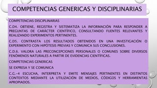 COMPETENCIAS GENERICAS Y DISCIPLINARIAS
COMPETENCIAS DISCIPLINARIAS
C.D4. OBTIENE, REGISTRA Y SISTEMATIZA LA INFORMACIÓN P...