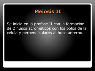 Meiosis II
Se inicia en la profase II con la formación
de 2 husos acromáticos con los polos de la
célula y perpendiculares al huso anterno.
 