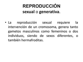 REPRODUCCIÓN
          sexual o generativa.

• La reproducción sexual requiere la
  intervención de un cromosoma, genera tanto
  gametos masculinos como femeninos o dos
  individuos, siendo de sexos diferentes, o
  también hermafroditas.
 