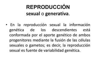 REPRODUCCIÓN
           sexual o generativa.

• En la reproducción sexual la información
  genética de los descendientes está
  conformada por el aporte genético de ambos
  progenitores mediante la fusión de las células
  sexuales o gametos; es decir, la reproducción
  sexual es fuente de variabilidad genética.
 