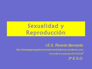 Sexualidad y
         Reproducción

                           I.E.S. Ricardo Bernardo
http://biologiageologiaiesricardobernardobelenruiz.wordpress.com
                               /e-s-o/3o-e-s-o/curso-2012-2013/

                                                 3º E.S.O.
 