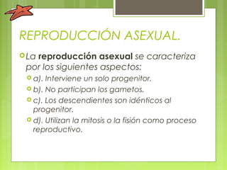 REPRODUCCIÓN ASEXUAL.
La reproducción asexual se caracteriza
por los siguientes aspectos:
 a). Interviene un solo progenitor.
 b). No participan los gametos.
 c). Los descendientes son idénticos al
progenitor.
 d). Utilizan la mitosis o la fisión como proceso
reproductivo.
 