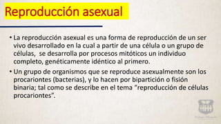 Reproducción asexual
• La reproducción asexual es una forma de reproducción de un ser
vivo desarrollado en la cual a partir de una célula o un grupo de
células, ​ se desarrolla por procesos mitóticos un individuo
completo, genéticamente idéntico al primero.
• Un grupo de organismos que se reproduce asexualmente son los
procariontes (bacterias), y lo hacen por bipartición o fisión
binaria; tal como se describe en el tema “reproducción de células
procariontes”.
 